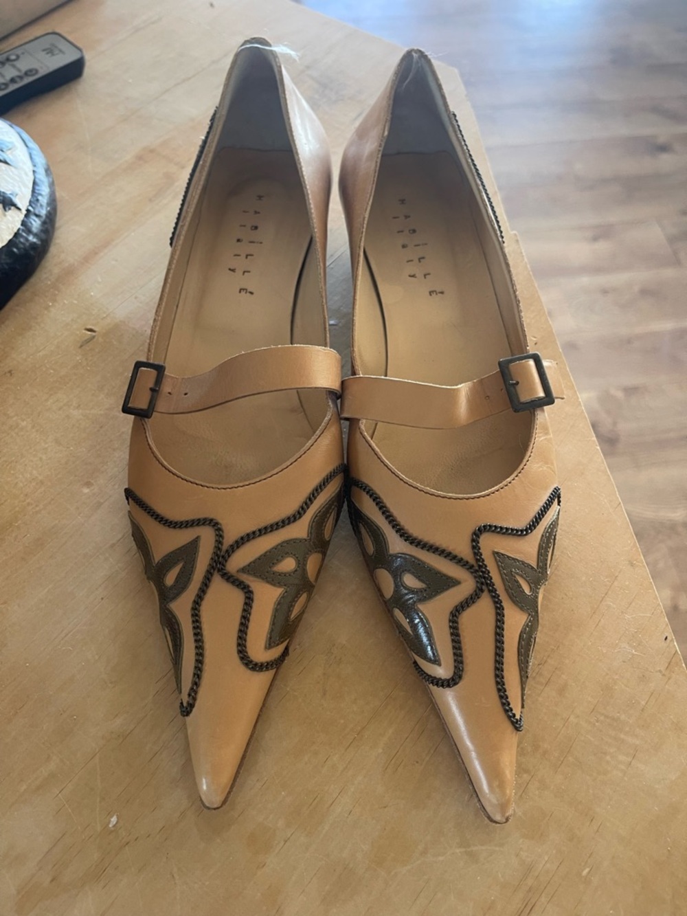 Pointed Tan Mary Jane Pumps with Dark Embellished Trim